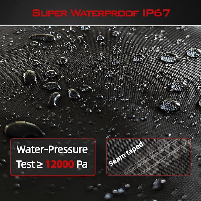 Motorcycle Cover, Heavy Duty 600D Oxford, Waterproof Outdoor, Weather Resistant, Rip-Proof, Anti-UV with 5 Reflective Strips, 2 Lock-Holes, 1 Windproof Strap, 1 Storage Bag (97.5" x 41" x 50")