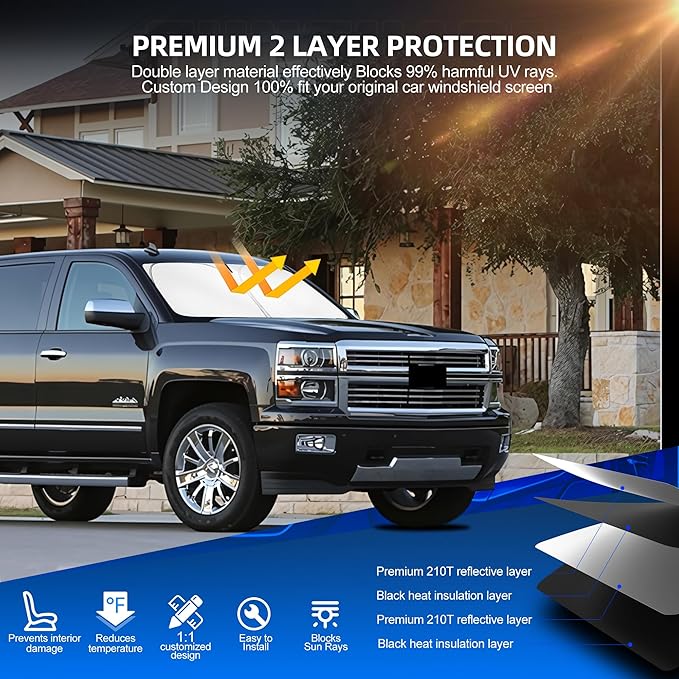 Windshield Sun Shade for Ch-evro-let Silverado 1500 2014-2018 Foldable Sunshade Custom Fit Front Window Car Interior Accessories Protector Blocks UV Rays