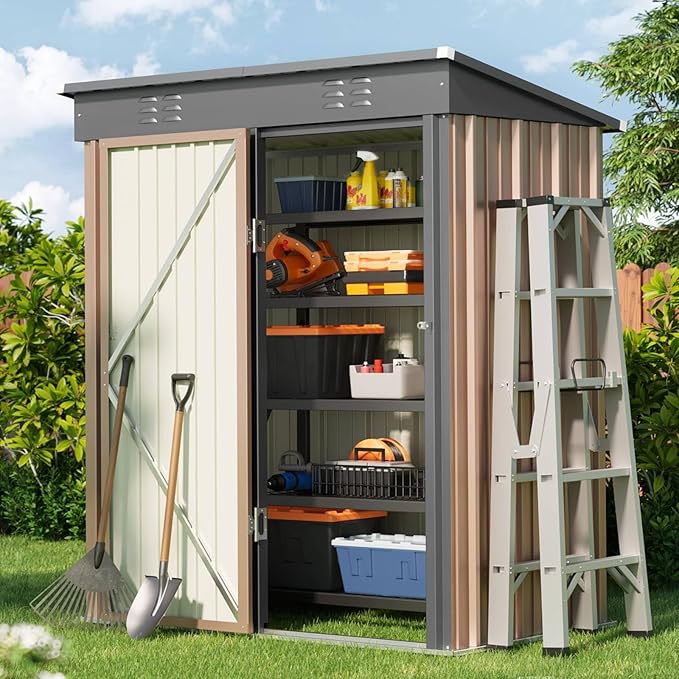 Bealife Outdoor Storage Shed Clearance, Metal Outdoor Storage Cabinet, Waterproof Tool Shed, Lockable Backyard Sheds for Garden, Patio and Lawn (Brown, 5' x 3')