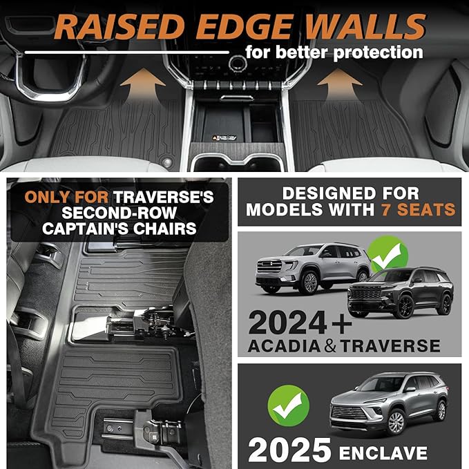 TripleAliners Floor Mats&Trunk Mat All Weather Car Liners Compatible with 2024+GMC Acadia/Chevy Traverse&2025 Buick Enclave Accessories TPE Custom Fit Full Set Liners Protection(Floor Mats+Trunk Mat)