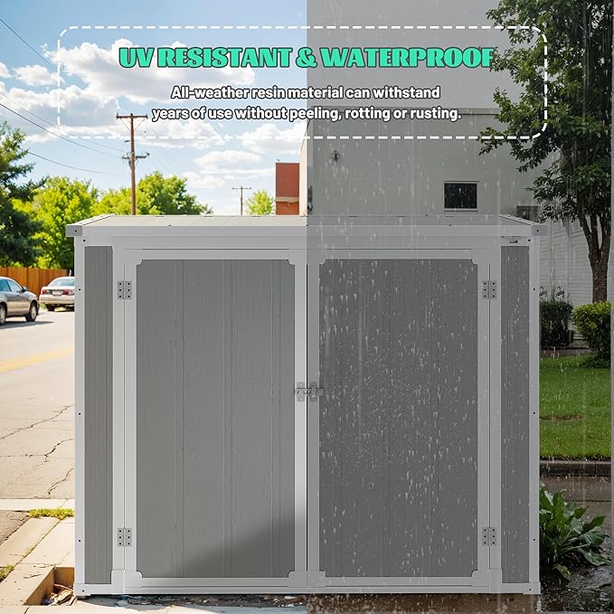 41 Cu.Ft Resin Shed with Floor, 4.7x2.5 FT Outdoor Horizontal Storage Shed for Trash Cans and Garden Tools, Waterproof Outdoor Plastic Shed for Lawn Mower, Pool Toys, Bicycle (Gray)