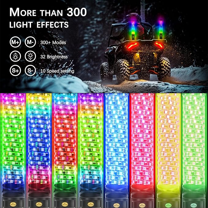 DREAMIZER 2PCS 1FT Fat Spiral Led Whip Lights with APP&Remote Control RGB Chasing Dancing Lighted Antenna Whips Compatible with Can-Am X3 UTV ATV RZR SXS Dune Buggy Offroad Truck