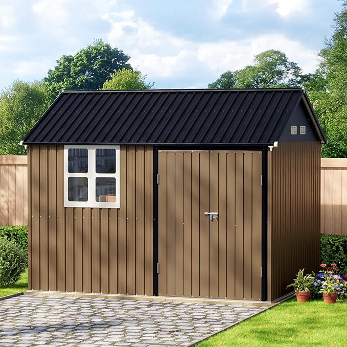 10X8FT Outdoor Steel Storage Shed with Lockable Doors, One Big Window,Ideal for Garden, Backyard, Patio Storage,Brown