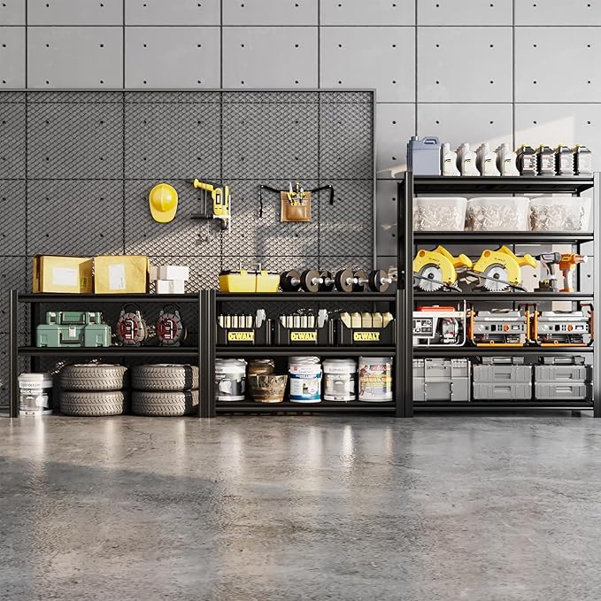 5 Tier Metal Shelving Unit, Adjustable Storage Shelves, 72" H x 47.47" W x 17.75" D Heavy Duty Garage Shelves for Warehouse, Basement, Kitchen, Pantry, Living Room, Black