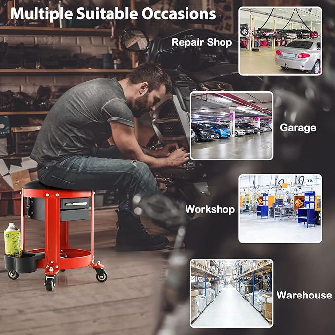 S AFSTAR Garage Shop Roller Seats, Adjustable Pneumatic Rolling Creeper Stool W/Removable Padded Seat, 2-Direction Drawers, Twin Can Holder, Round Mechanic Rolling Stool, 330 LBS Max Load
