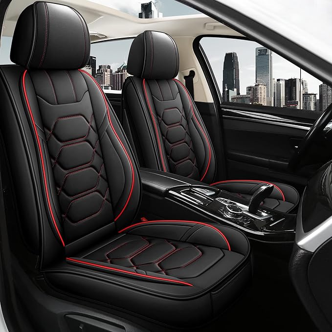 Pariitadin Leather Car Seat Covers Full Set, Waterproof Faux Leather Seat Covers for Cars, Non-Slip Car Interior Covers Universal Fit for Most Cars Sedans Trucks SUVs, Black/Red