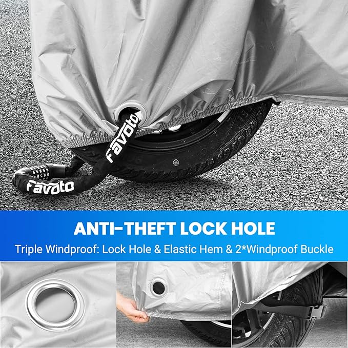 Favoto Motorcycle Cover Universal Heavy Duty Oxford Fabric with Lock-Hole 3 Night Reflectors Windproof Buckles Carrying Bag Waterproof Rain Dust Sun Outdoor Protection Silver, 96.5 inch