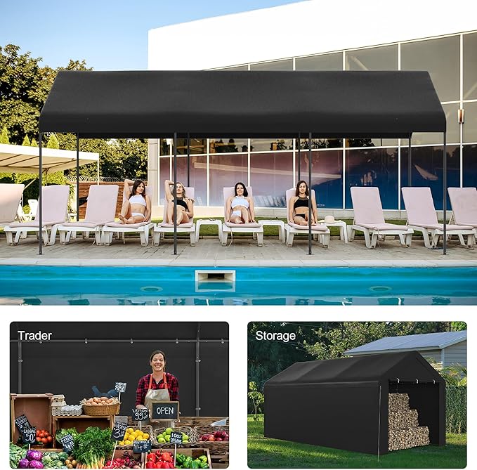 Carport 10x20 Heavy Duty Portable Garage w/Removable Sidewalls & Roll-Up Door Car Canopy Party Tents Waterproof UV Resistant All Weather Car Port for Trucks,Boats (Black)