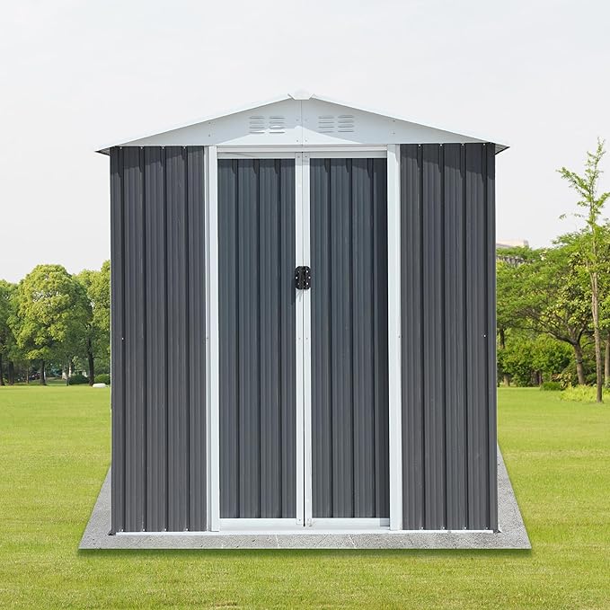 6x4 FT Outdoor Storage Shed, Metal Garden Shed with Lockable Sliding Doors, Outside Tool Shed with Sloped Roof & 4 Air Vents, Waterproof Storage Building for Backyard, Patio, Lawn, Gray