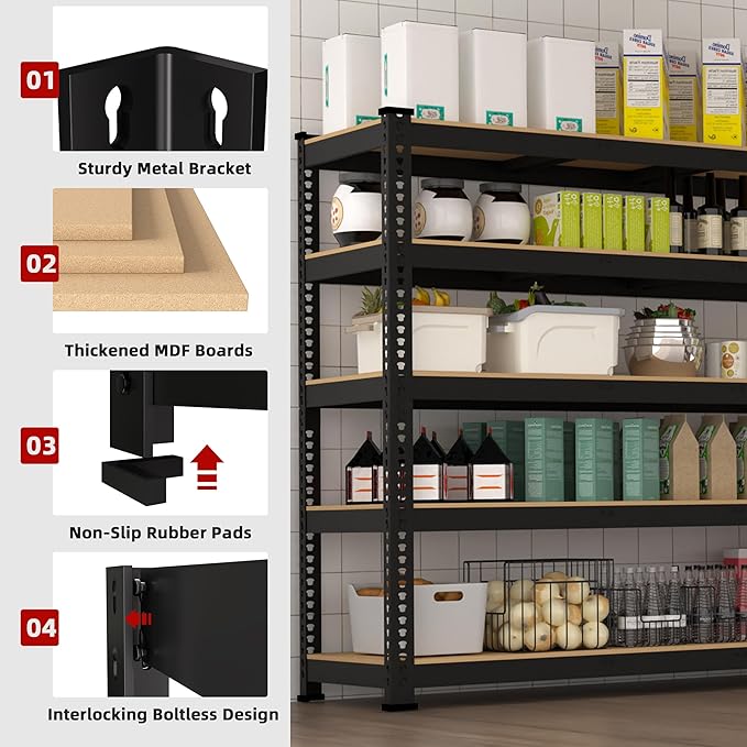 2 Packs 48" W x 24" D x 72" H Adjustable Garage Storage Shelves - 5-Shelf Heavy Duty Shelving Unit, Metal Utility Storage Organizer Racks for Warehouse Pantry Closet Kitchen, Black