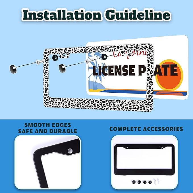 Leopard Print License Plate Frame Skin Texture Pattern Stainless Steel License Plate Holder for Front or Rear Car Tags Funny for Car Decoration Accessories with Screws 6.3 X 12.2 in for Women Men
