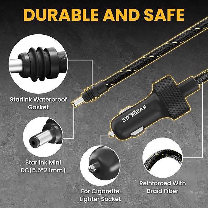 Starlink Mini Cable 12V Power Cable 3M/10FT, Braided Wear-Resistant Starlink Mini Accessories Cigarette Lighter to DC Cord, 12V-48V Car Charger Car Adapter