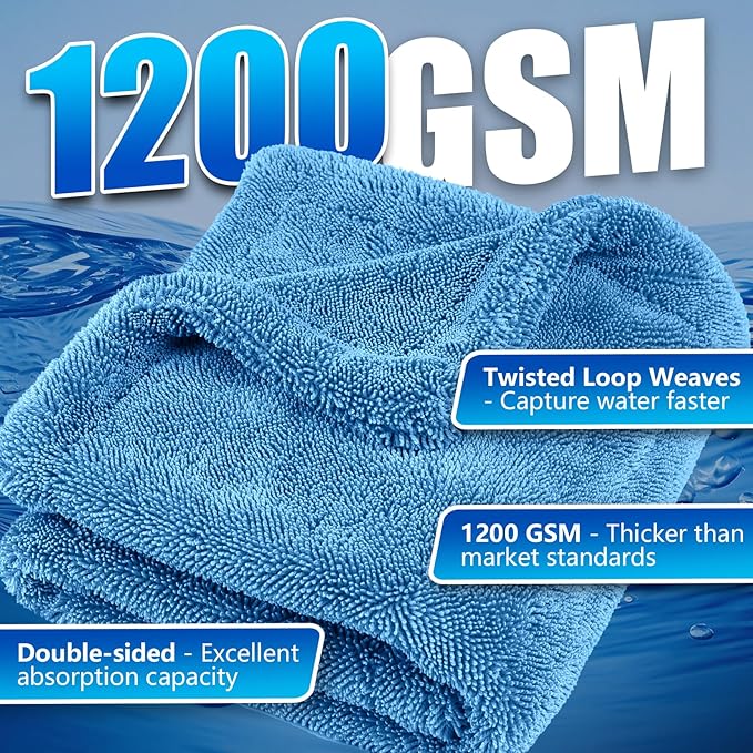 Airlab Microfiber Towels for Cars Wash Drying Towel Detailing Cloth, Ultra Absorbent, Streaks Free, Lint Free Cars, Trucks, SUVs, RVs, Motorcycles, Bath Wipes, 24 x 16 Inch, 1200 GSM, Pack of 1, Blue