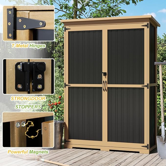 Outdoor Storage Shed with Adjustable Shelf, Wood & Metal Storage Cabinet Waterproof with Lockable Doors & Sloping Roof,Vertical Garden Shed for Patio Backyard, Tool Shed and Accessories, Brown