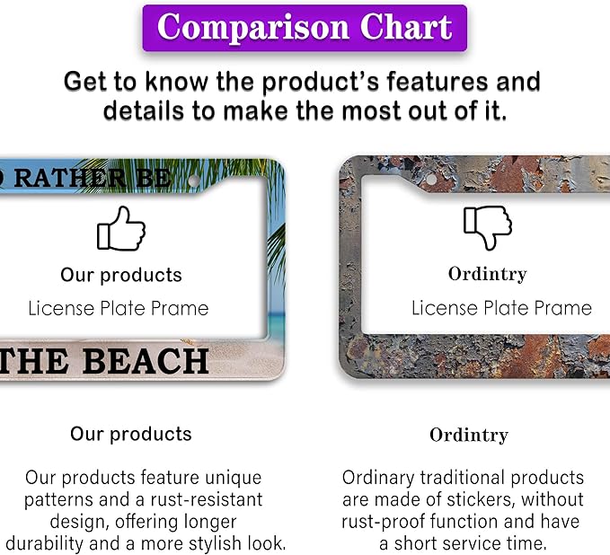 License Plate Frames Multicolor Car License Plate Frame I'd Rather Be at The Beach Universal Aluminum Car Accessory 2 Pack with Screw Covers Set
