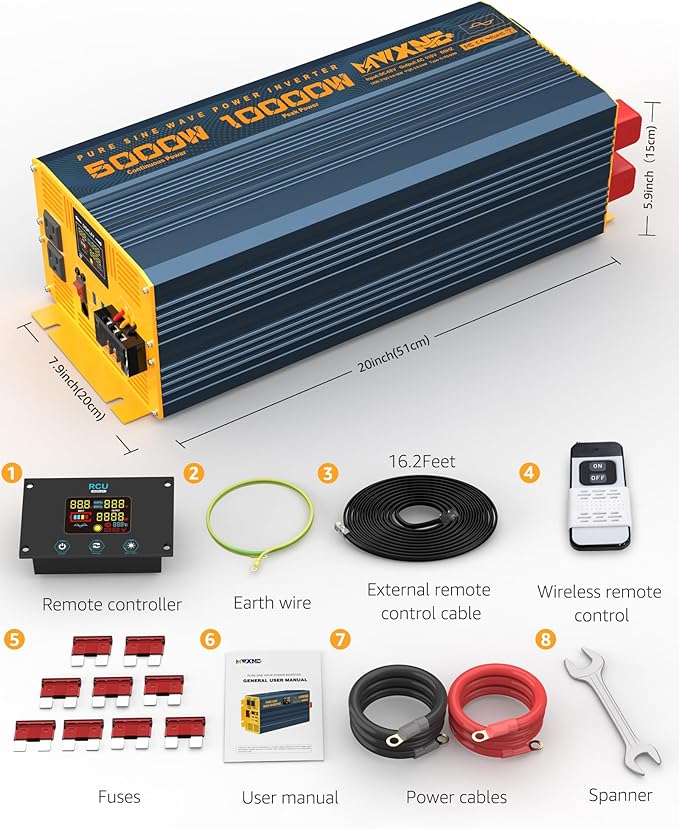 5000 Watt Power Inverter Pure Sine Wave 48V DC to 110V 120V 10000W Peak Heavy Duty Inverter with Remote Control and LED Display, 4 USB/Type-C Ports & 2 AC Outlets Car Charger for Vehicles RV
