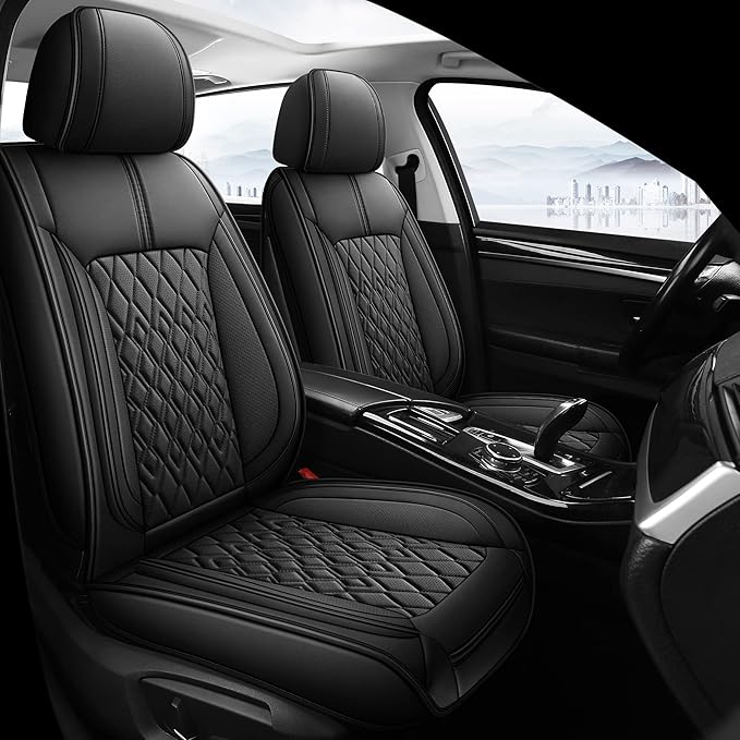 Pariitadin Leather Car Seat Covers Front Pair, Waterproof Breathable Faux Leather Automotive Seat Covers for Cars, Non-Slip Car Interior Covers Universal Fit Most Cars Sedans Trucks SUVs, Black