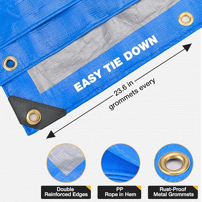 Tarp 20x30 Feet 14 Mil Heavy Duty Waterproof Tarp, Large Multipurpose Cover with Brass Grommets and Reinforced Edges, UV Resistant Thick Poly Tarps for Outdoor Camping Tent Pool Car, Blue