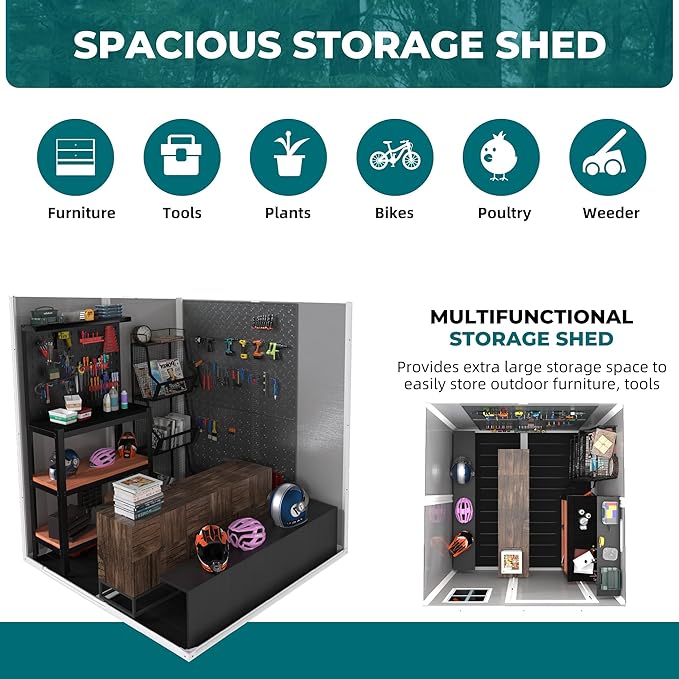 6x6 FT Outdoor Storage Resin Shed with Floor,Waterproof Garden Bike Shed with Lockable Door, Sloped Roof, Vents & Windows,Plastic Tool Shed for Lawn, Backyard, Patio,White+Gray