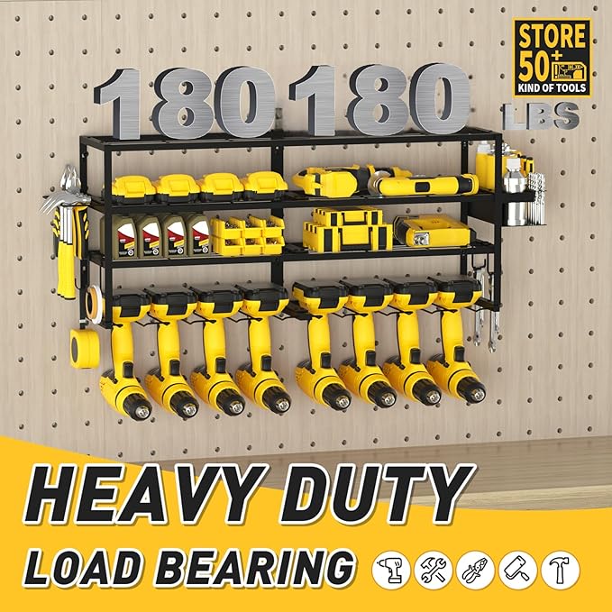 Large Power Tool Organizer Wall Mount for Fathers Dad, 4 Layers Heavy Duty Metal Garage Organization Loads 360lbs with 8 Cordless Drill Holder, Power Tool Shelf for Garage Workshop, Utility Racks