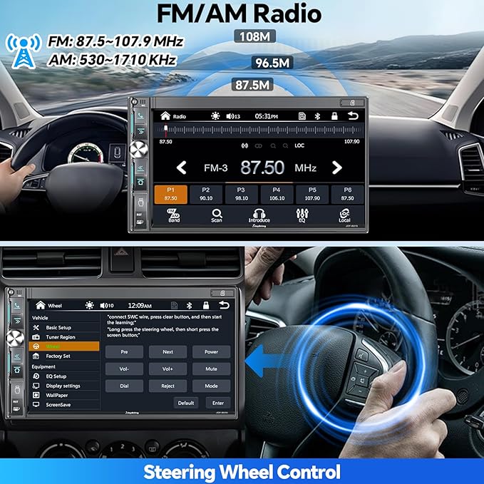 QLED Double Din Car Stereo with Dash Cam & Backup Camera, Wireless Apple CarPlay & Android Auto, Bluetooth, 4.2-Ch 2 Subwoofers Outputs, 7" QLED Touchscreen, MirrorLink, FM/AM Radio