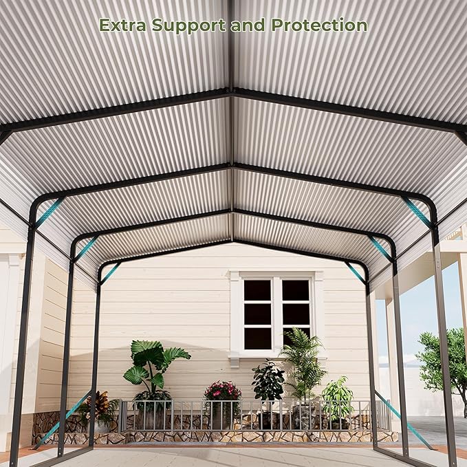 Carport 12x20 FT Heavy Duty Metal Carport, Outdoor Metal Canopy with Additional Diagonal Bars and 4 Support Feet, Car Port Garage Galvanized Shelter for Car, Boat and Tractor