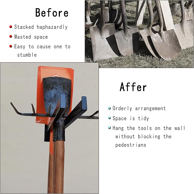 Garden Tool Rack,Wall-Mounted Organizer for Shovels, Rakes, Brooms, and Trowels,Heavy-Duty Black Stainless Steel Tool Holder,Fits Handles Under 1.5" Diameter,Garage or Shed Storage