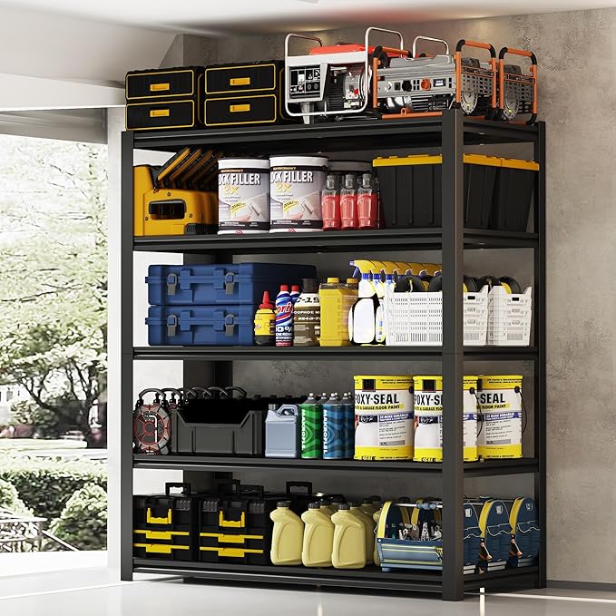 48.2" W Garage Shelving 3000LBS Storage Shelves Heavy Duty Garage Storage Shelves Adjustable 5 Tier Metal Shelves for Storage Industrial Heavy Duty Shelving Utility Shelf 24.2"Dx48.2"Wx 72.2"H