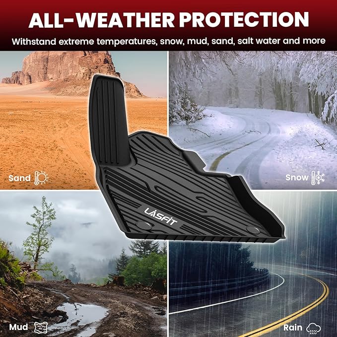 LASFIT Floor Mats for Ford Explorer 2020-2025 6 Passenger TPE All Weather Protector Anti-Slip Floor Liners, 2025 2024 2023 2022 2021 2020 Explorer 6 Seats Accessories, 1st 2nd & 3rd Row, 4pcs Black