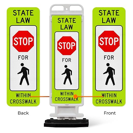 State Law Stop for Pedestrian Within Crosswalk MUTCD R1-6a Sign, Double Sided 3M Engineer Grade Reflective, Portable Rubber Base, Impact Resistant Plastic Frame