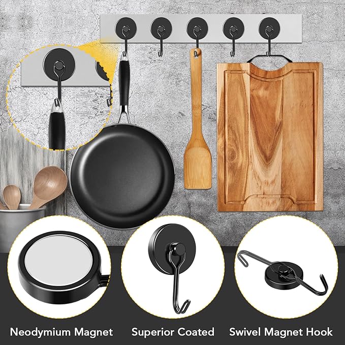 MIKEDE Magnetic Hooks, 110LB Heavy Duty Neodymium Black Magnet Hooks, Strong Swivel Magnetic Hooks Rust Proof for Indoor Outdoor Hangers Hanging, Fridge, Garage, Cruise, 6 Pack