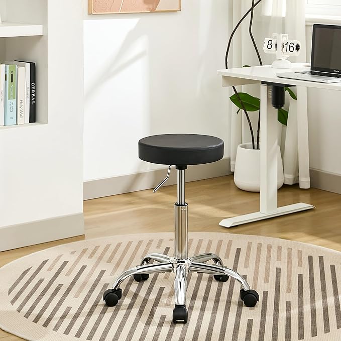 Rolling Office Stools, Adjustable Drafting Stool on Wheels 19.5’’-26.6’’, Black Ergonomic Office Chair (Black)