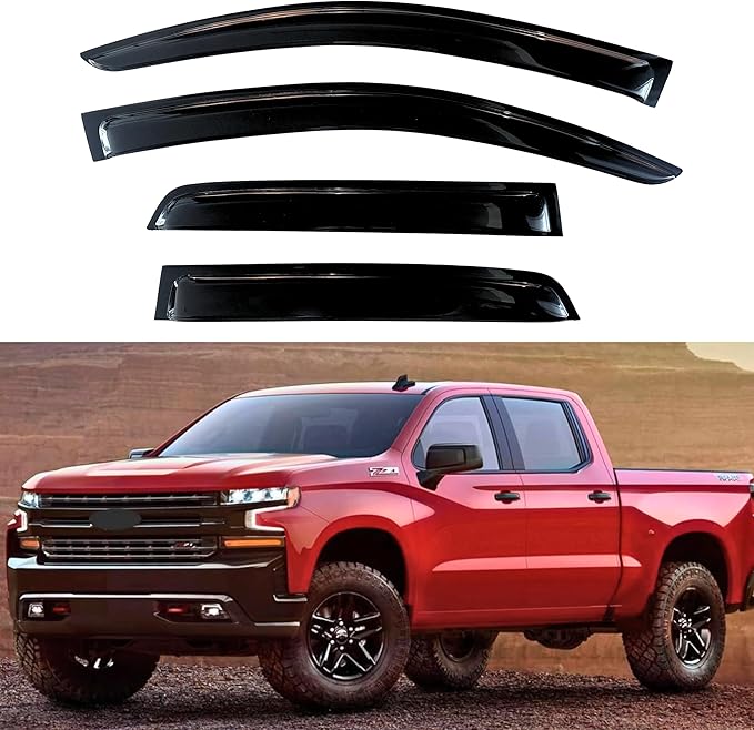 KPY Window Visor for 2019-2024 GMC Sierra Crew Cab & Chevrolet Chevy Silverado 1500 Crew Cab, 2500HD 3500HD 2020-2024, 4PC Rain Guards Tape-On Style, 2019 2020 2021 2022 2023 2024 (Crew Cab Only)