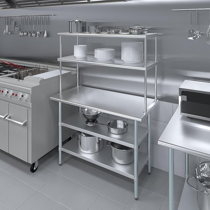 Amgood Stainless Steel Work Table with 2 Shelves | Metal Kitchen Prep Table & Shelving Combo (24" x 48" Table with 2 Shelves + 18" Overshelf)