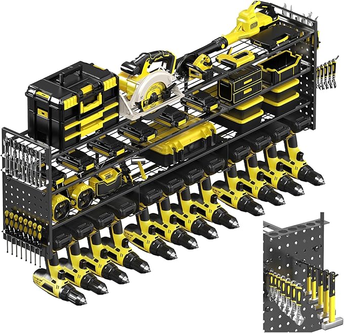 Power Tool Organizer Wall Mount, 49" Heavy Duty 4-Tier Garage Storage Shelf with 12 Drills Holder, Pegboard Side Panels,4 Long Hooks, Large Tool Battery Holder Metal Tool Shelf Rack
