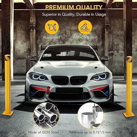 Safety Bollard, 4 Packs 48 Inch Metal Safety Bollard Post with 16 Anchor Bolts, 4.5 Inch Diameter Steel Safety Bollard for Driveway Barrier, Parking Pole,Traffic Control