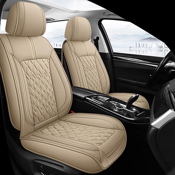 Pariitadin Leather Car Seat Covers Front Pair, Waterproof Breathable Faux Leather Automotive Seat Covers for Cars, Non-Slip Car Interior Covers Universal Fit Most Cars Sedans Trucks SUVs, Beige