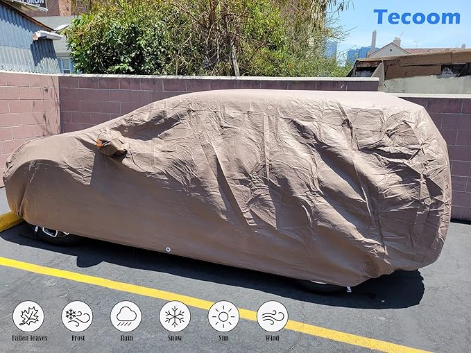 Tecoom Thick Shell Super Breathable Waterproof Windproof Snow Sun Rain UV Protective Outdoor All Weather SUV Car Cover Fit 206-215 Inches Full-Size SUV