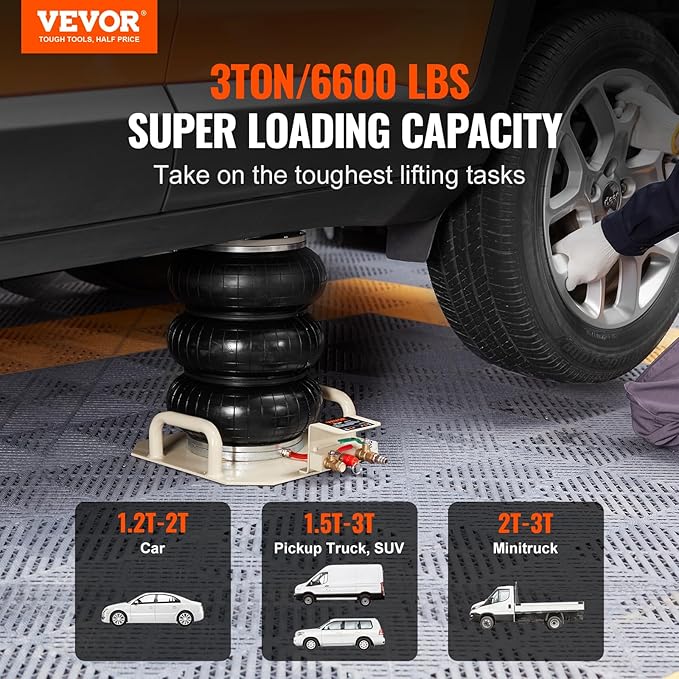 VEVOR Air Jack, 3 Ton/6600 lbs Triple Bag Air Jack, Airbag Jack with Six Steel Pipes, Lift up to 17.7 inch/450 mm, 3-5 s Fast Lifting Pneumatic Jack, with Side Handles for Car, Garage, Repair (White)