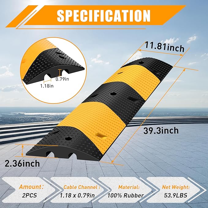 Rengue 39.3" Rubber Speed Bump, Pack of 2 Total 78.6'' Heavy Duty, Humps Rated 66000 LBS Load Capacity, Speed Humps with 6 Bolt Spikes Anchors for Asphalt Concrete Gravel Driveway