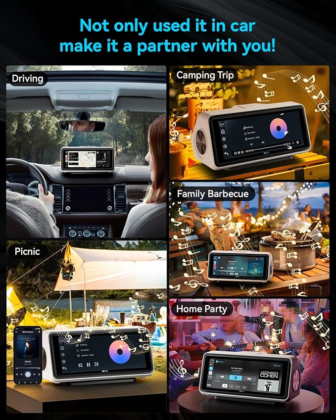 Portable Apple Carplay Screen for Car, Touch Screen with Wireless Android Auto, Car Audio Receivers with Voice Control, Mirror Link, Music Play, GPS Navigation, Built-in Customized Speakers (White)