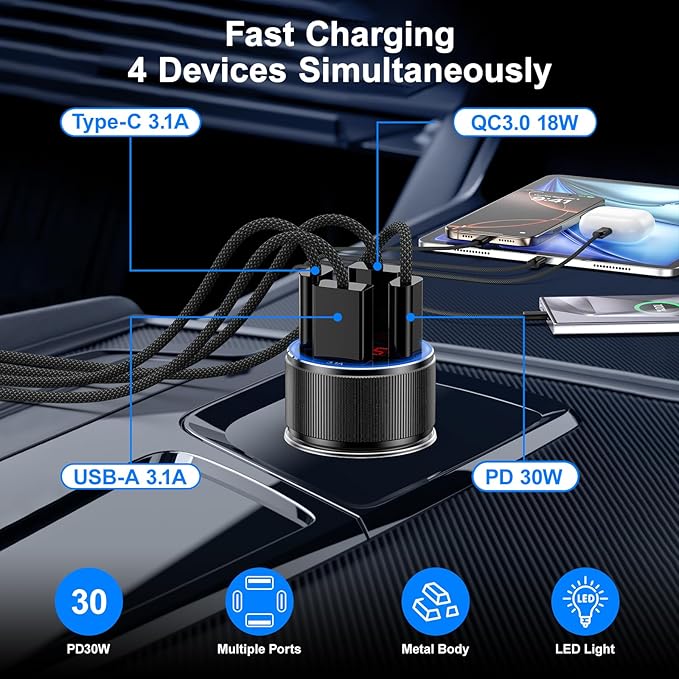 Car Phone Charger, Besgoods USB C Car Charger Adapter 4 Ports with Voltmeter PD&QC Fast Charging Cigarette Lighter USB Charger for iPhone 16 15 14 13 12 Galaxy S24 S23 A54 A15 Dash Cam Car Acc, 2Pack