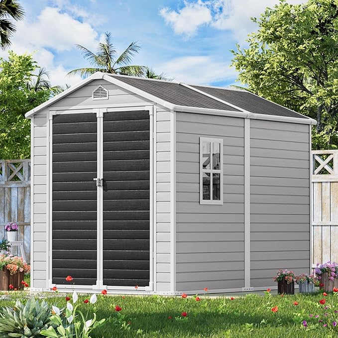 Restland 8x6 FT Resin Storage Shed with Floor, Waterproof Outdoor Plastic Sheds with Window for Backyard Garden Patio Lawn Tools, Gray