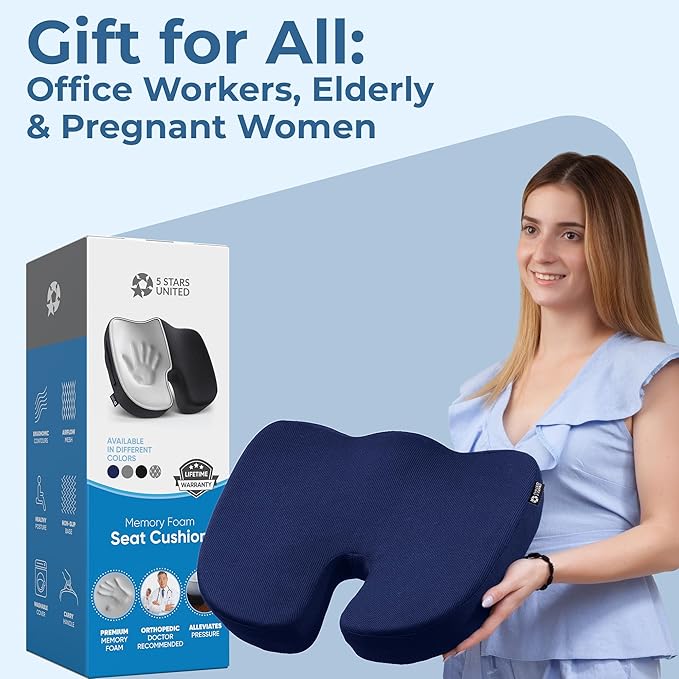 5 STARS UNITED Seat Cushion for Tailbone Pain Relief – Large Memory Foam Lifting Pillow for Coccyx, Hip, Sciatica & Post-Surgery Recovery – Wheelchair, Car, Desk, Gaming & Office Chairs, Blue