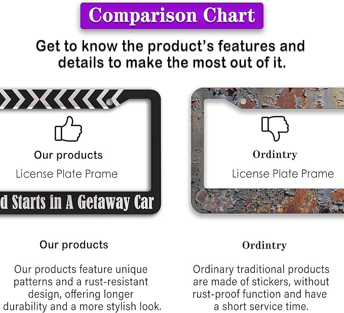 License Plate Frames Black and White Fun License Plate Frame Cover Nothing Good Starts in a Getaway Car Universal Aluminum Car Accessory 2 Pack with Screw Covers Set