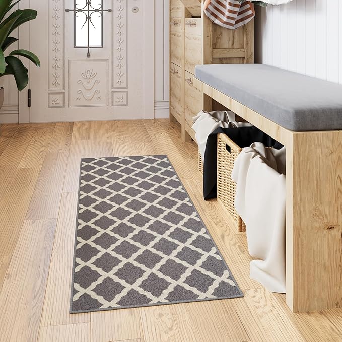 Ottomanson Hallway Runner Rug 20" x 59" Non Slip Trellis Area Rugs Easy to Clean Laundry Rug Runner Durable & Pet Friendly Floor Carpet Runners for Hallways Entryway Living Room Kitchen, Gray