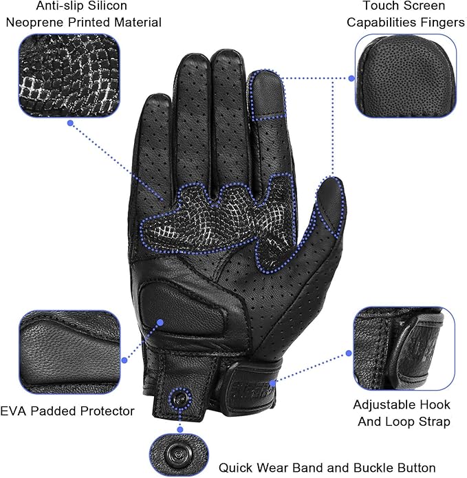 Updated Men’s Leather Motorcycle Gloves with Two Touchscreen Fingers Anti-Slip Motorbike Racing Gloves (Updated,Perforated, XXL)