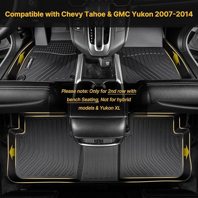 GINOWY- Floor Mats for Chevy Tahoe 2007-2014 (Not for Hybrid), for GMC Yukon, TPE All Weather Tahoe Floor Mats, Non-Slip Waterproof Easy to Clean Tahoe Floor Liners Accessories Black