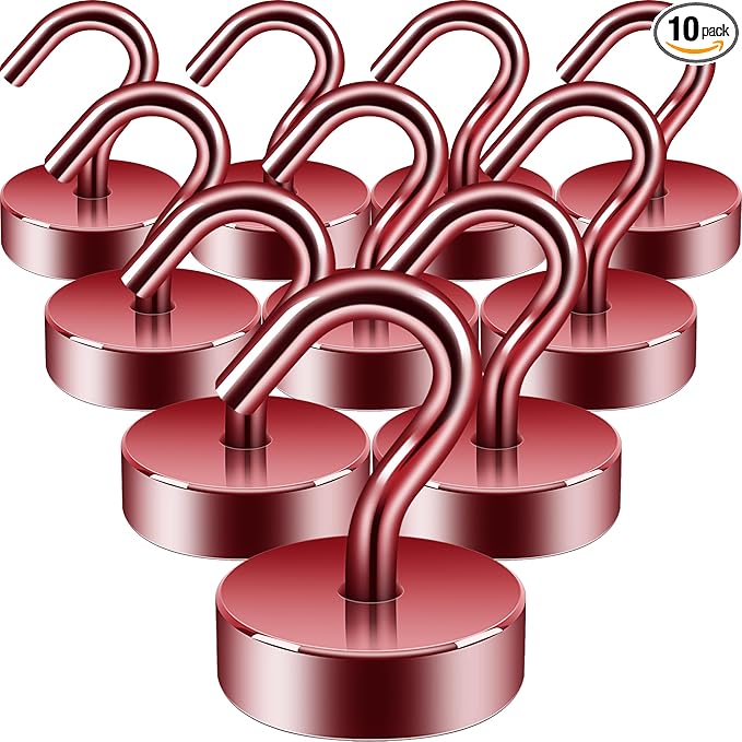 Neosmuk Magnetic Hooks, Cruise Ship Essentials, 40lb+ Heavy Duty Magnetic Hooks for Cruise Cabins, Refrigerator, Grill, Hanging, and Travel | Extra Strong Must-Haves Magnet Hook,Red,Pack of 10