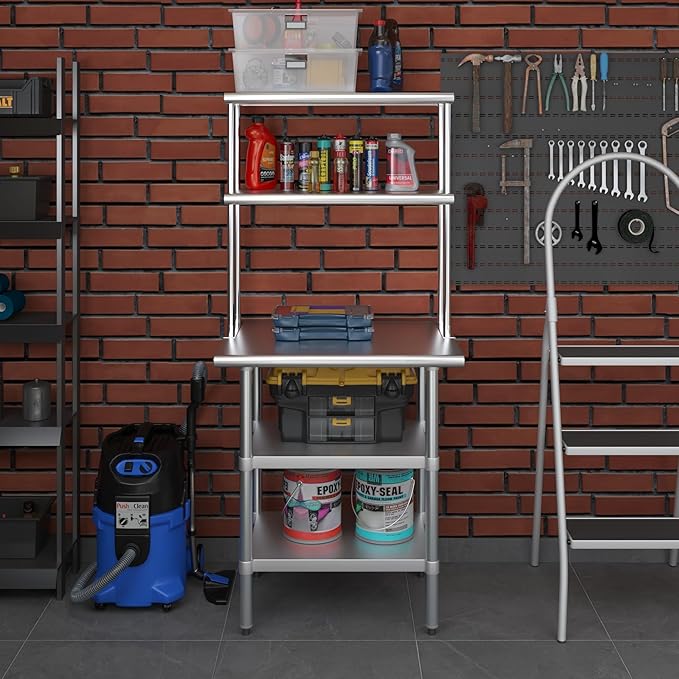 Amgood Stainless Steel Work Table with 2 Shelves | Metal Kitchen Prep Table & Shelving Combo (24" x 30" Table with 2 Shelves + 12" Overshelf)